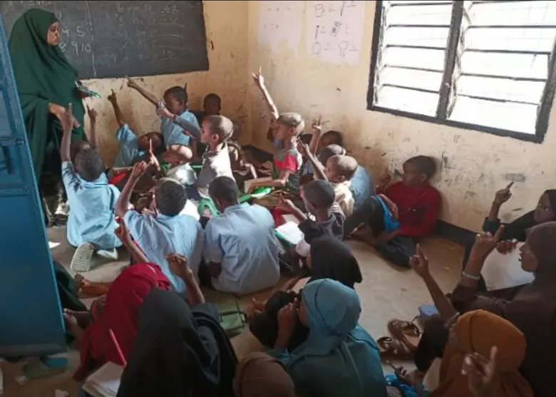 Learners in class with hands raised
